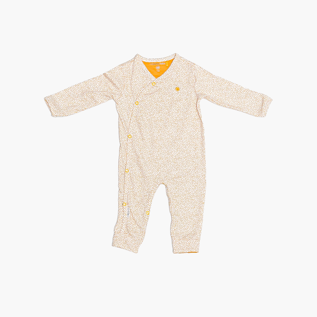 YELLOW DOTTED WRAP BUTTON ROMPER