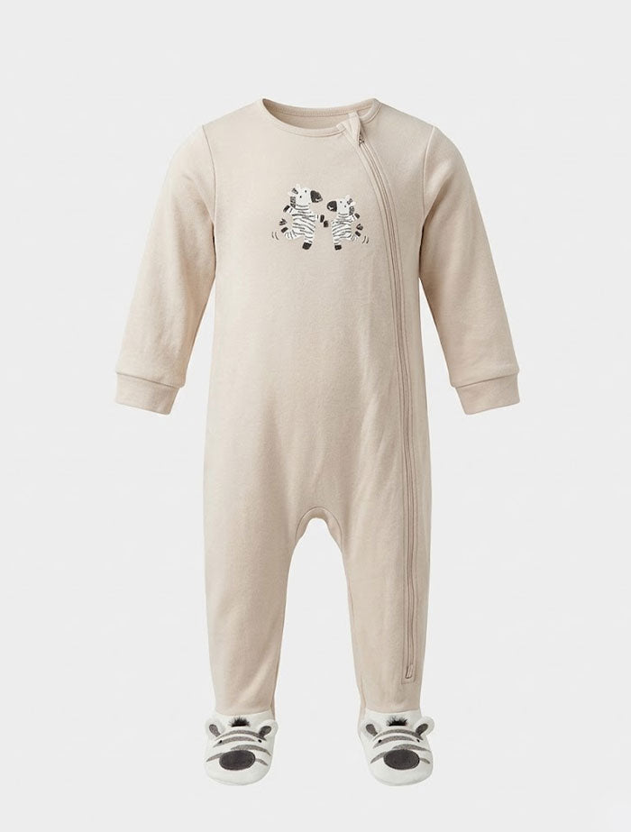 Beige zebra 2 way zipper sleep suit