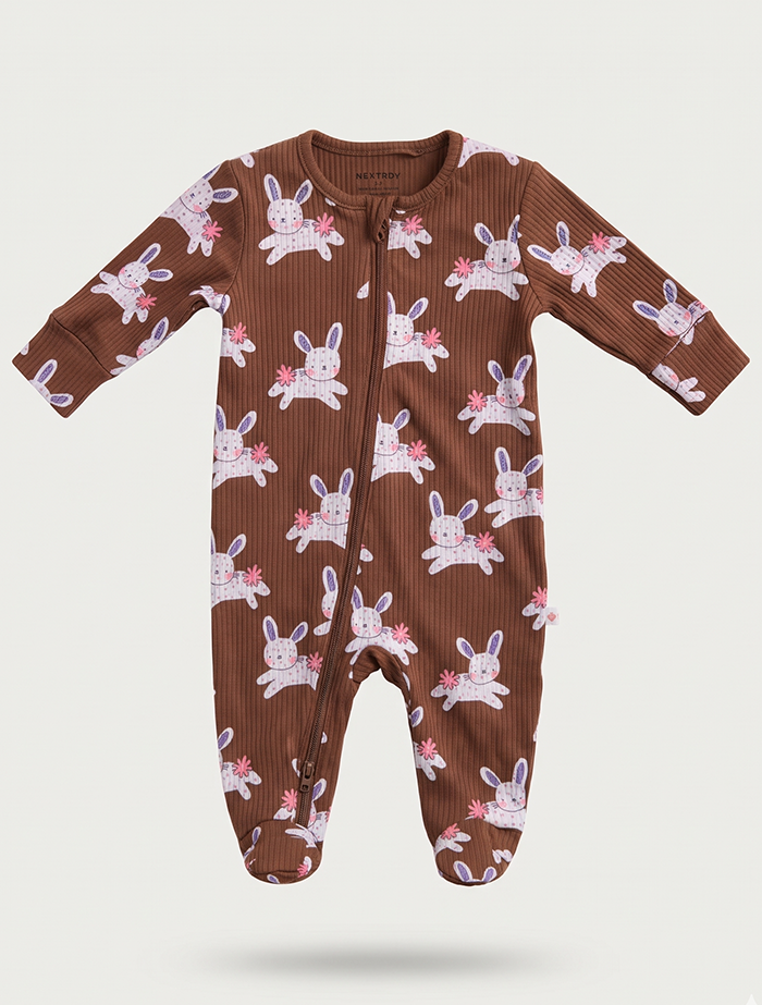 Brown ribbed zipper sleepsuit