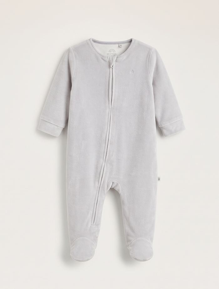 Starlight Zip Velour Sleepsuit – Soft Grey