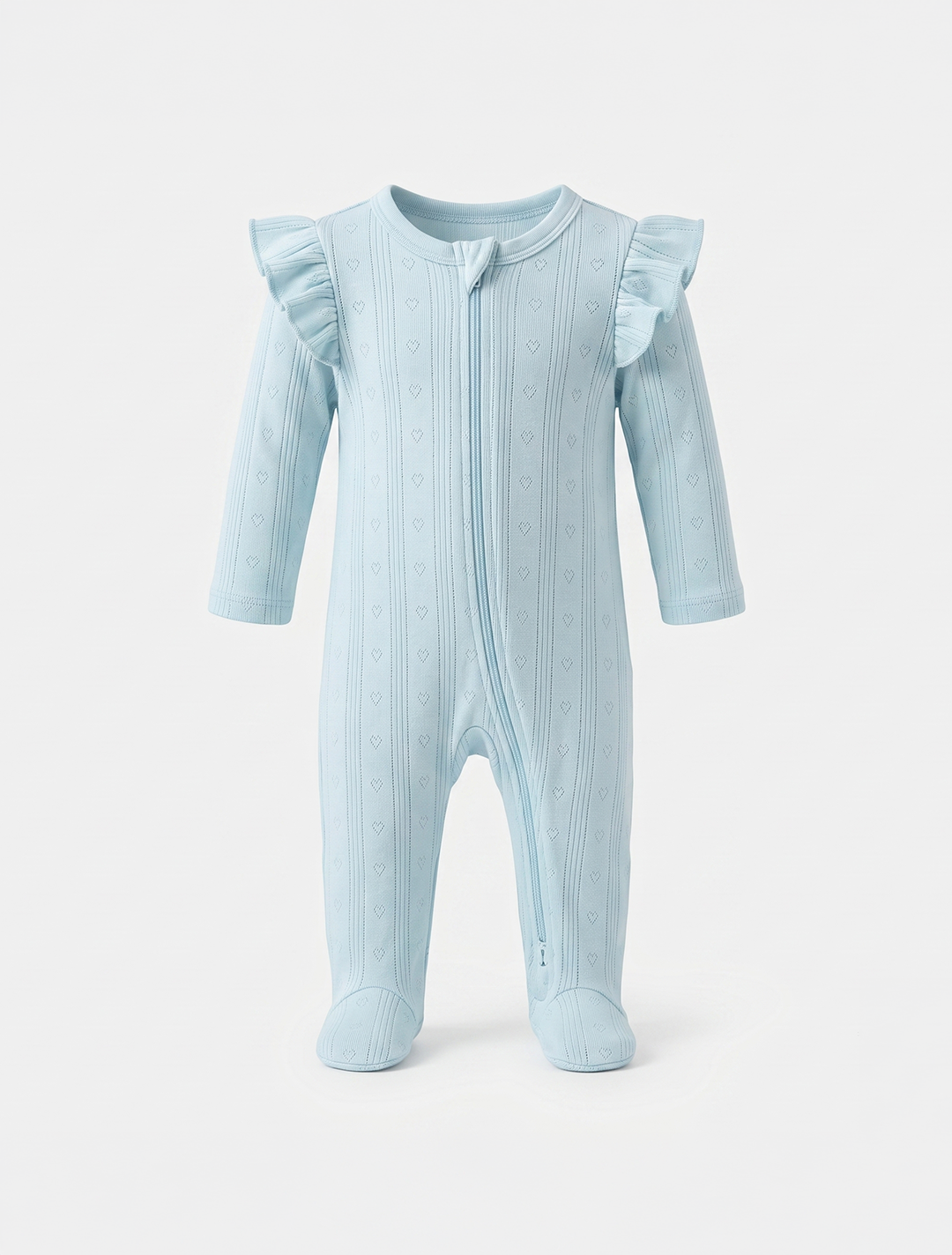 Blue pointelle ruffled sleepsuit
