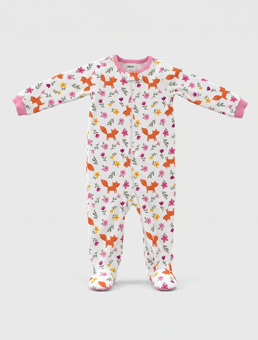 Pink printed zipper cotton sleeepsuit