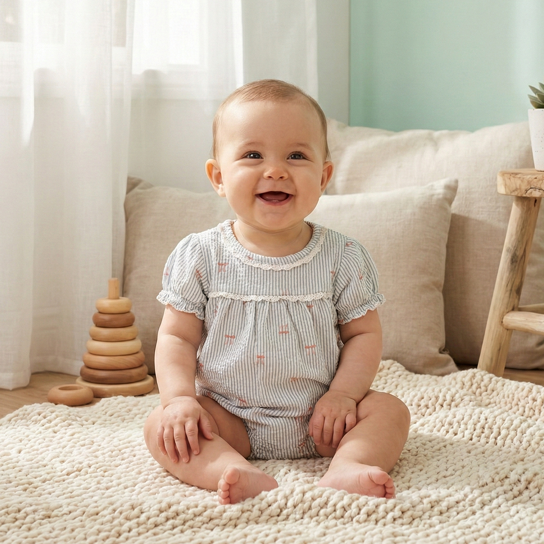 PREMIUM TEAL STRIPES BOW PRINTED FANCY ONESIE