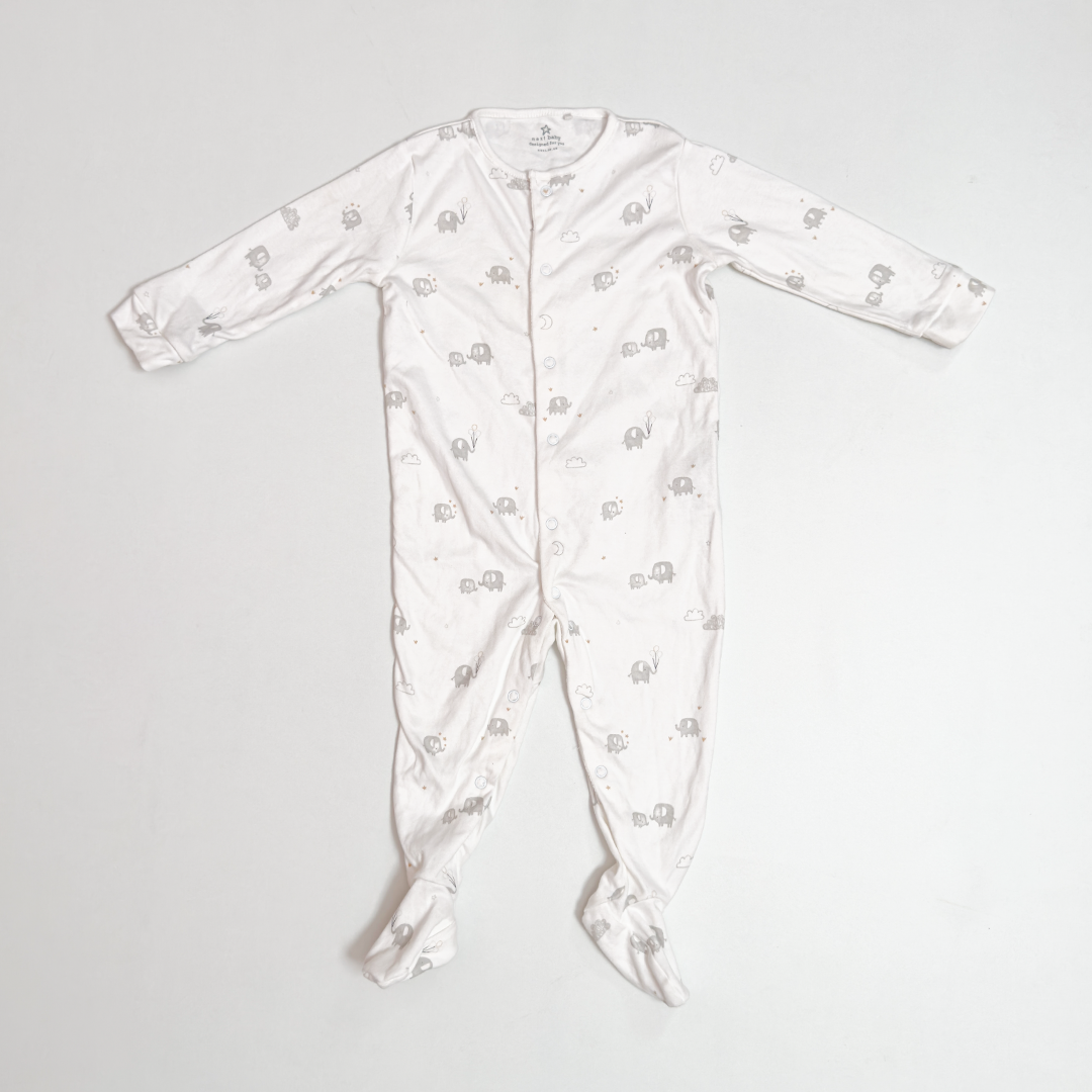 WHITE ELEPHANT PRINTED SLEEPSUIT