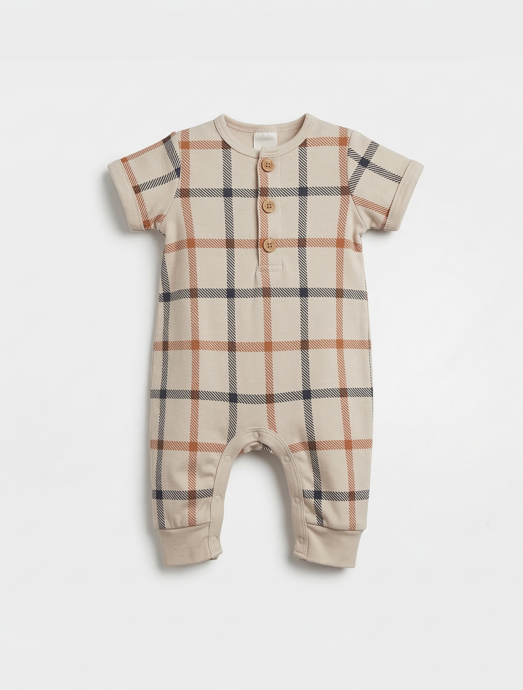 BEIGE CHECK BUTTON ROMPER