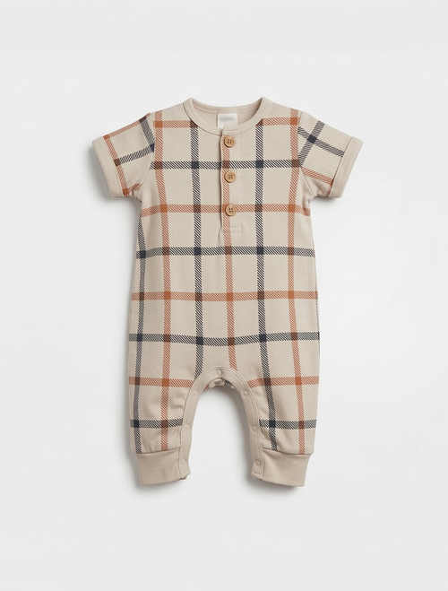 BEIGE CHECK BUTTON ROMPER