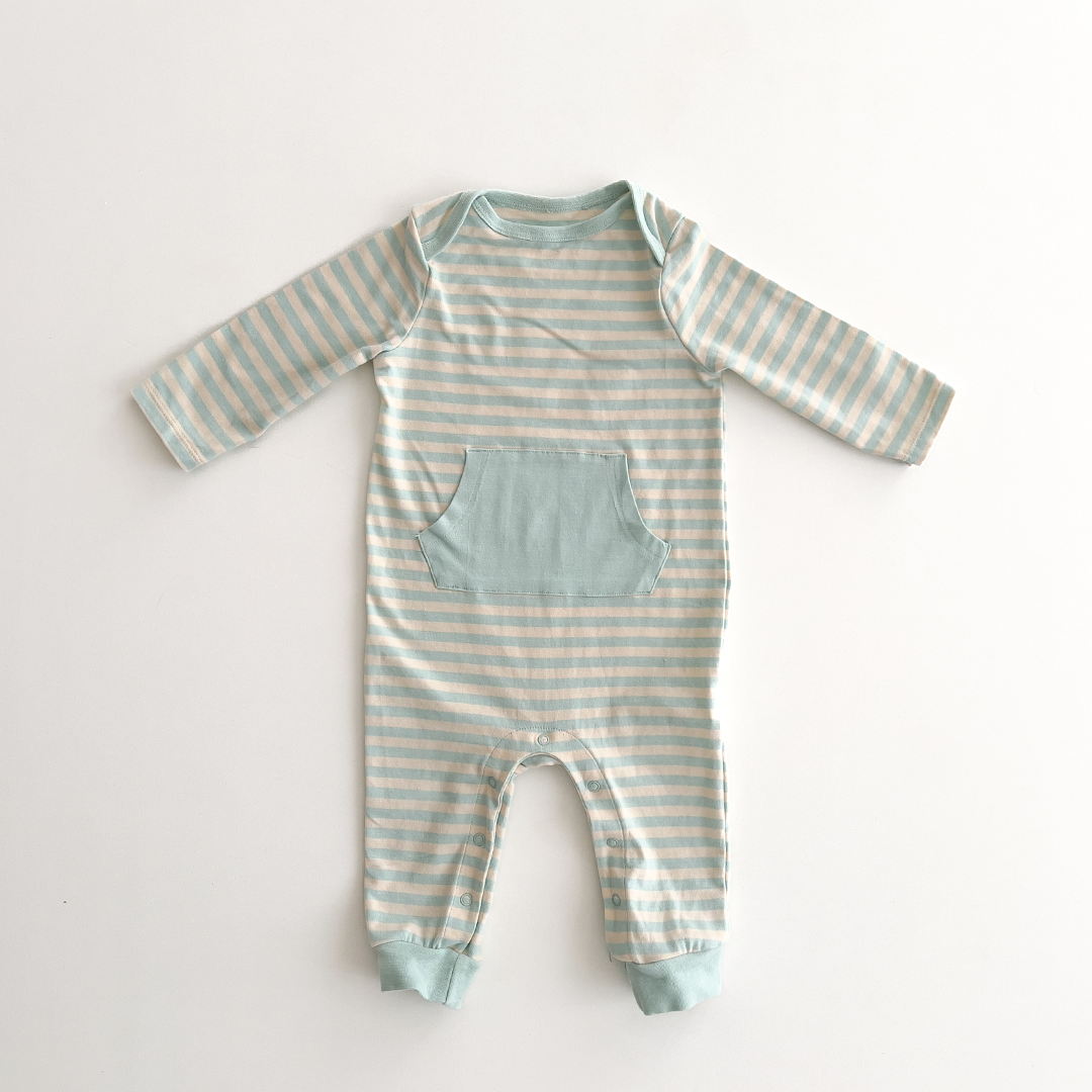 BLUE AND OFF WHITE STRIPES WITH BLUE POCKET ROMPER