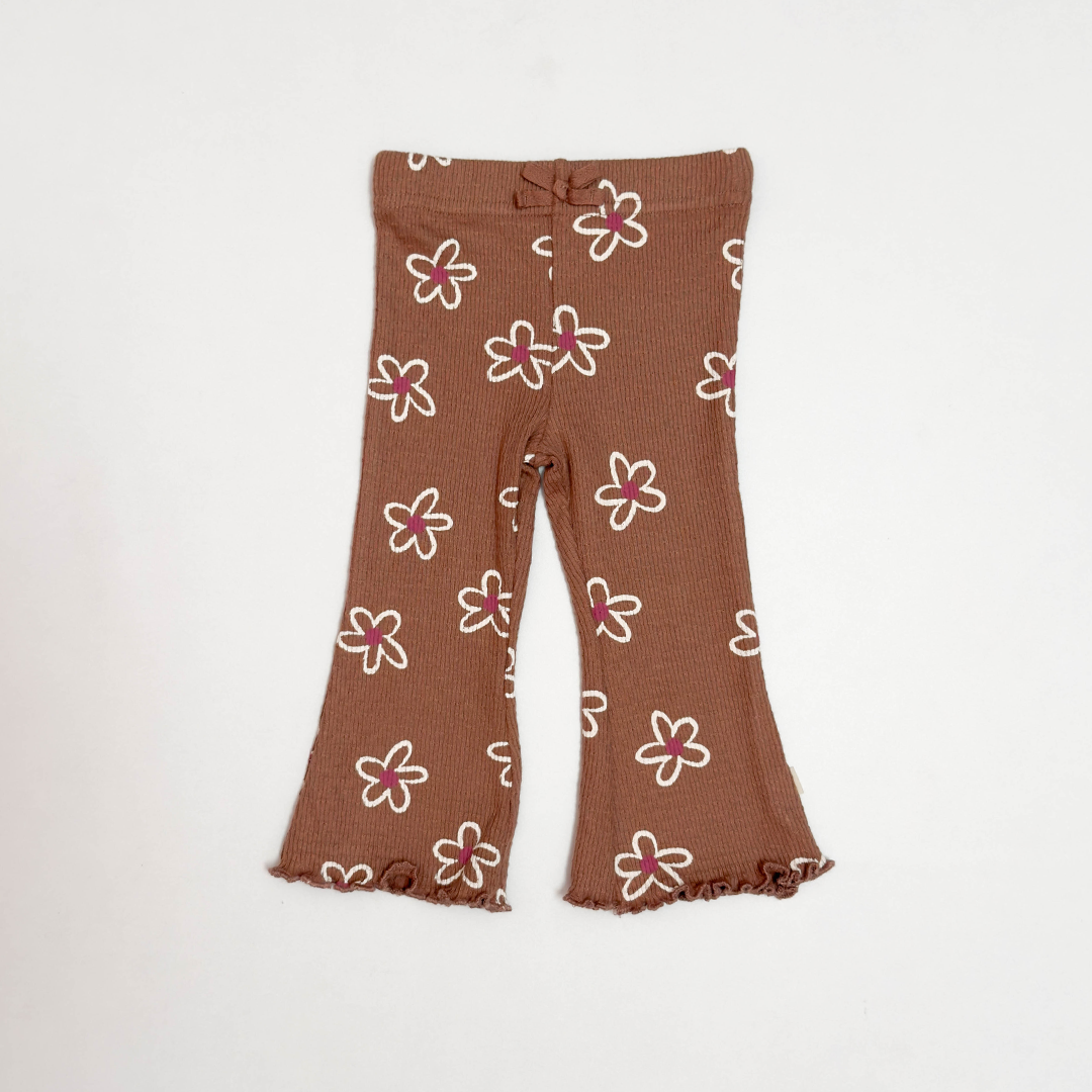BROWN FLORAL RIBBED PANTS
