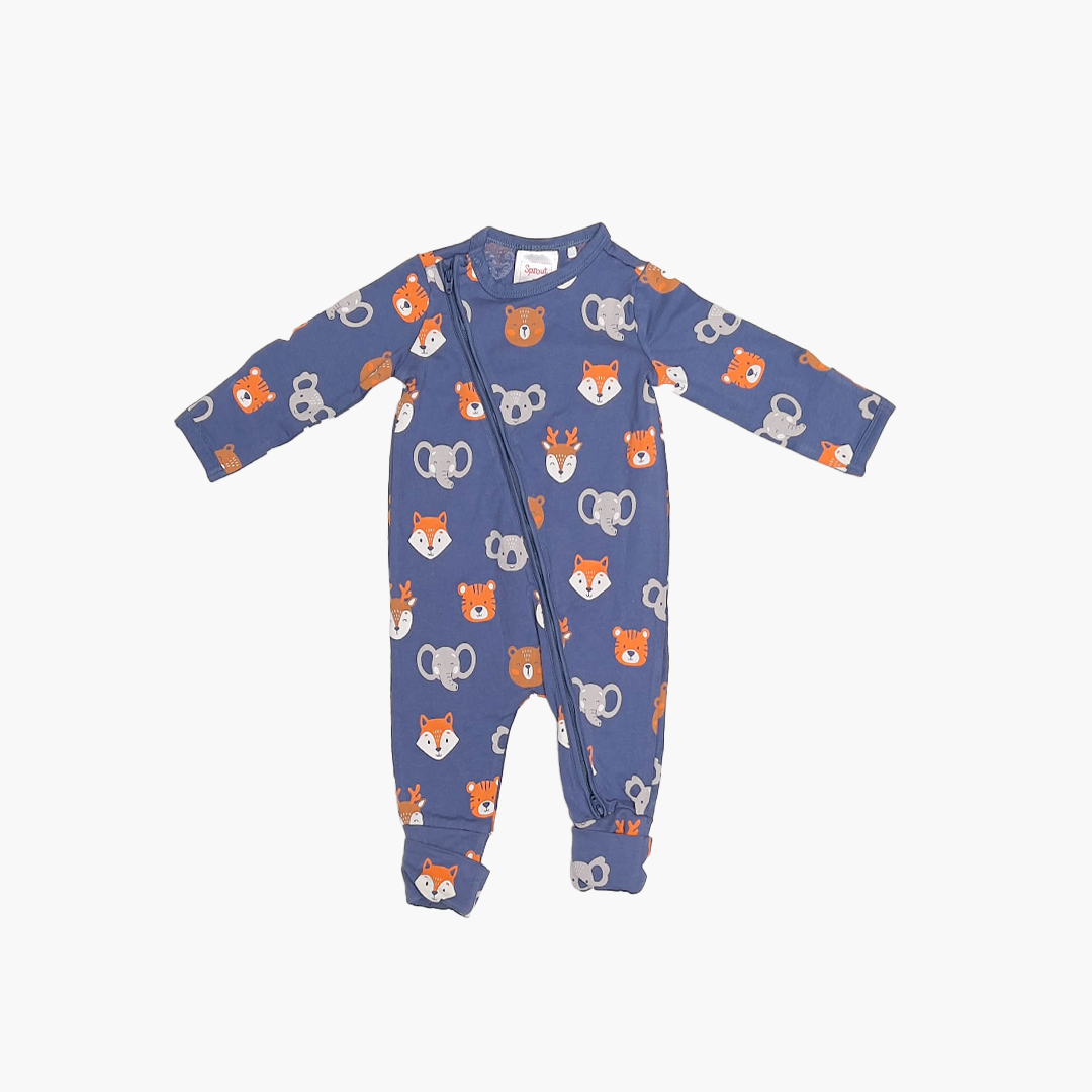 BLUE ANIMAL PRINTED ZIPPER ROMPER