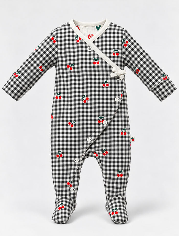 Black check berry button sleep suit