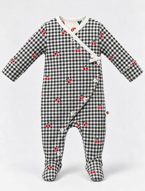 Black check berry button sleep suit