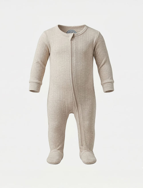 BEIGE RIBBED ZIPPER SLIM FIT SLEEPSUIT