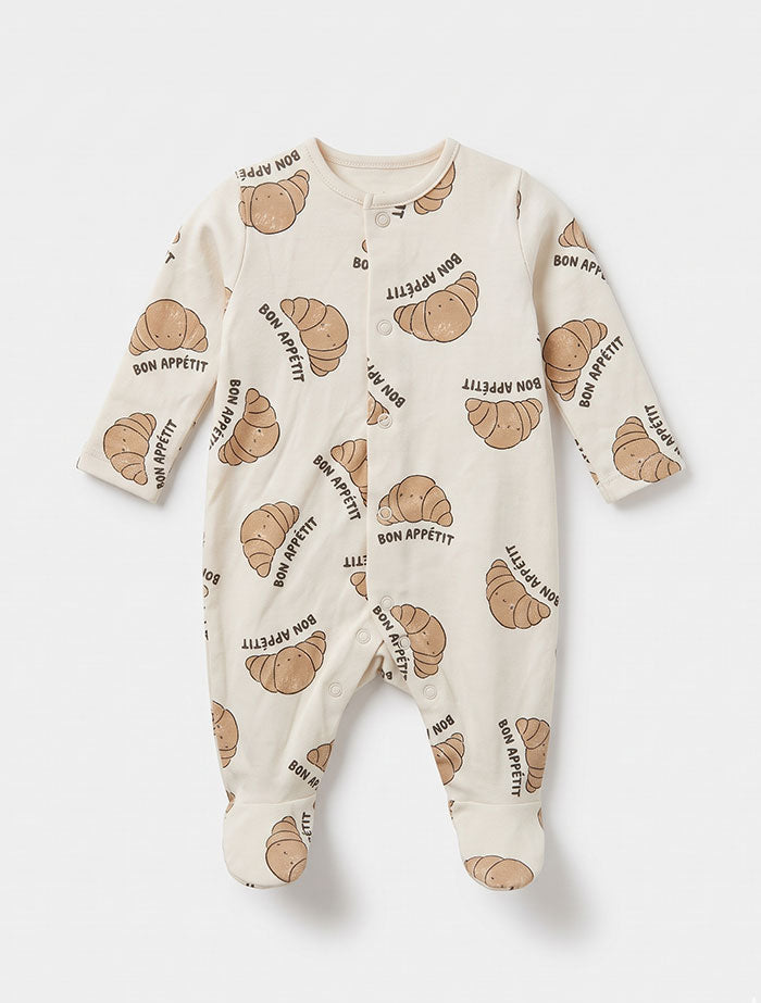 Beige croissent printed button sleepsuit