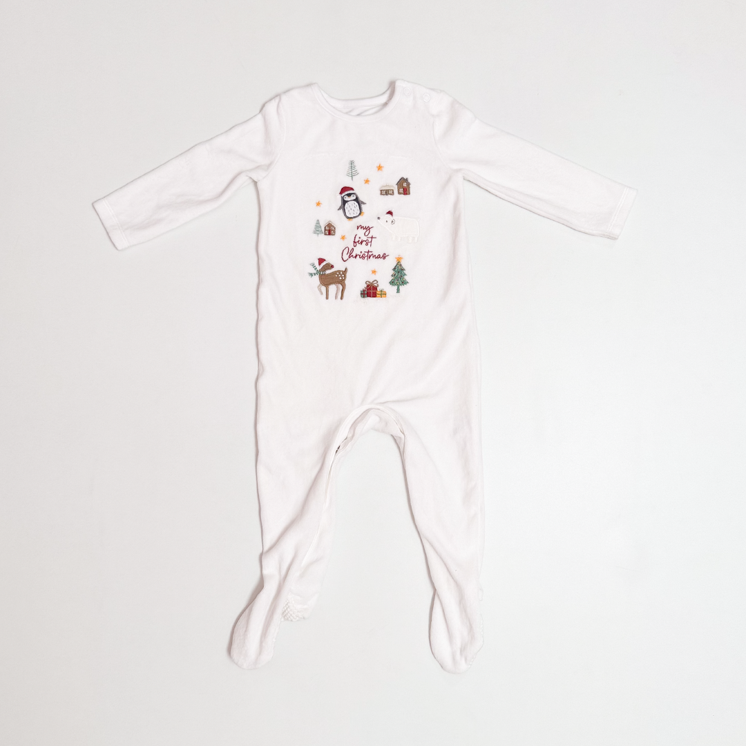 CHRISTMAS PRINTED VELVET SLEEPSUIT