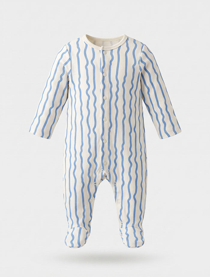 Blue and white patterned button sleepsuit
