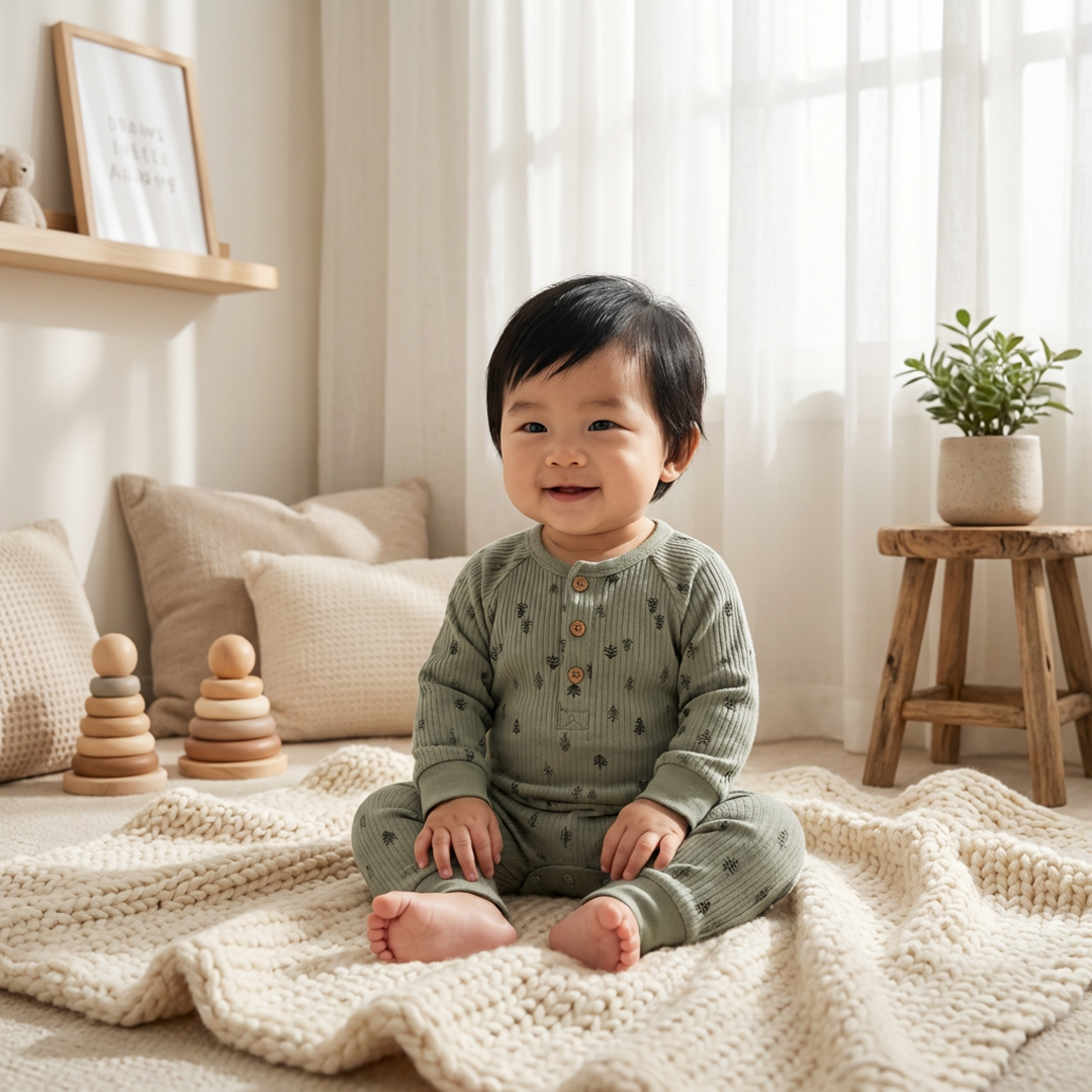 OLIVE GREEN RIBBED PRINTED ROMPER