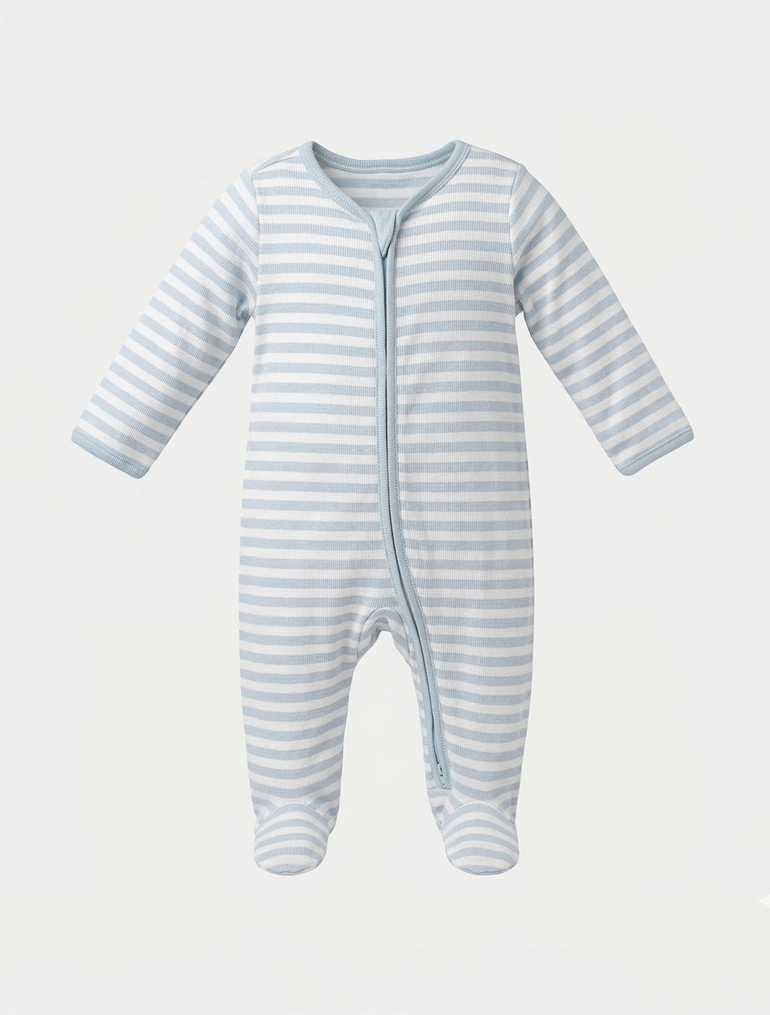 BLUE AND WHITE STRIPED RIBBED SLEEPSUIT
