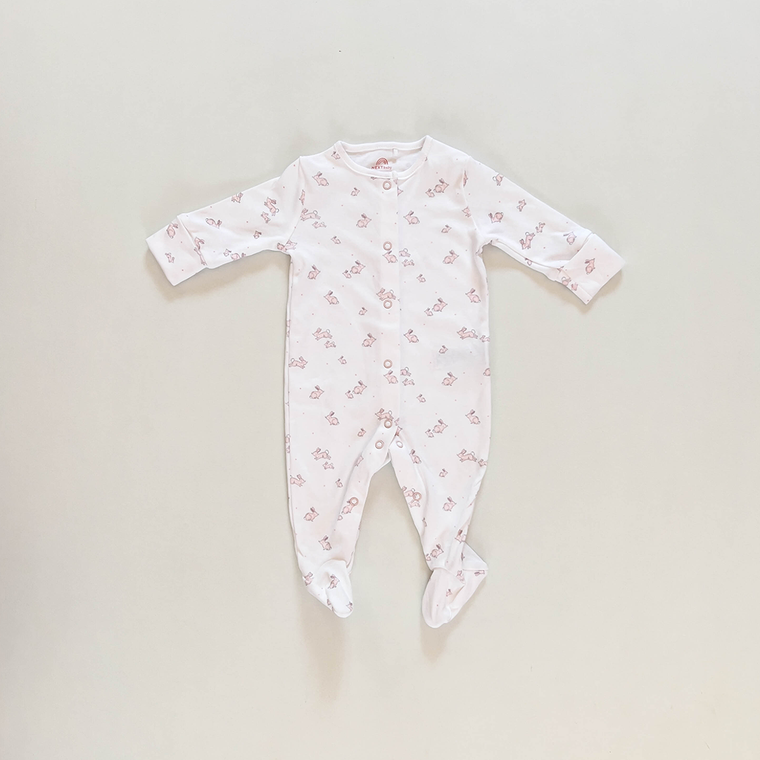 WHITE BUNNY PRINTED SLEEPSUIT
