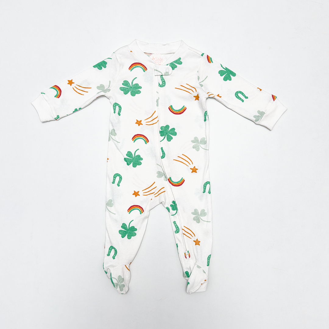 WHITE PRINTED ZIPPER SLEEPSUIT