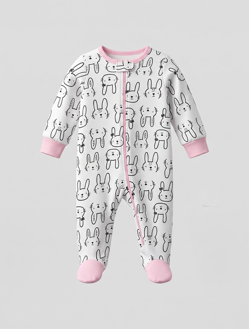 Pink and white bunny zipper sleepsuit