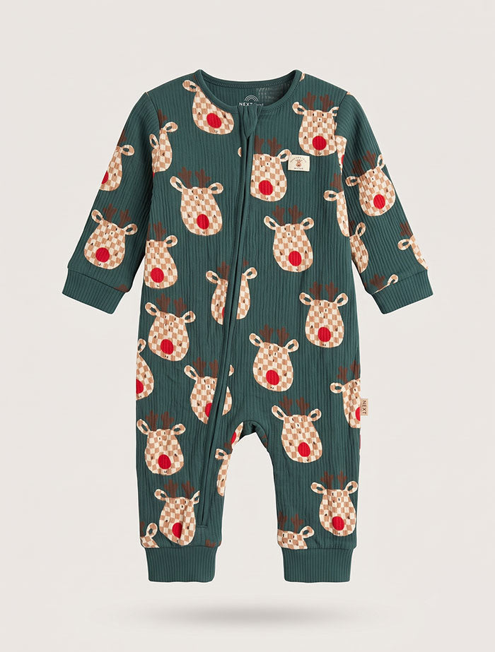 Green ribbed printed 2 way zipper romper