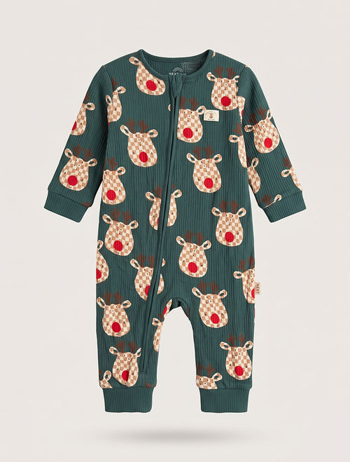 Green ribbed printed 2 way zipper romper
