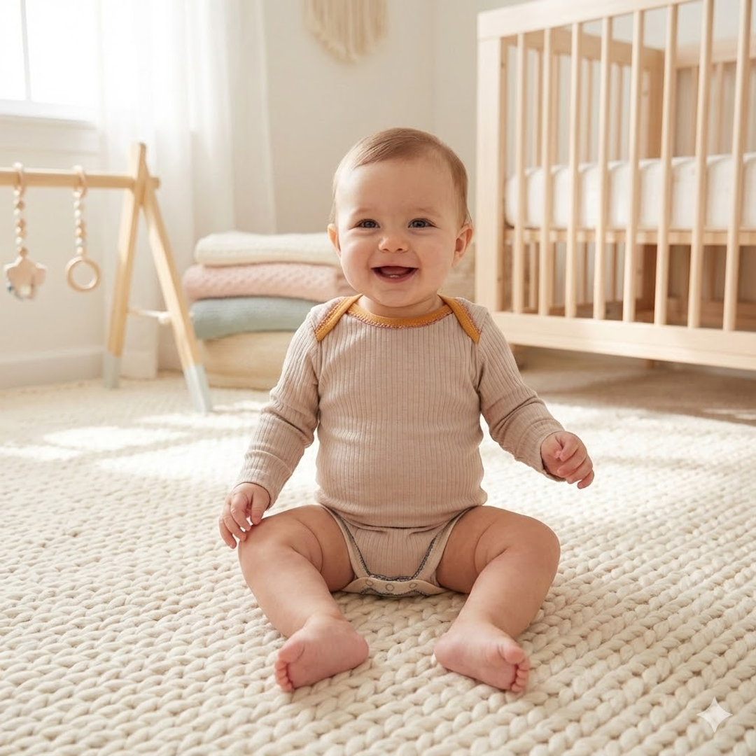 BEIGE RIBBED YELLOW BORDER ONESIE