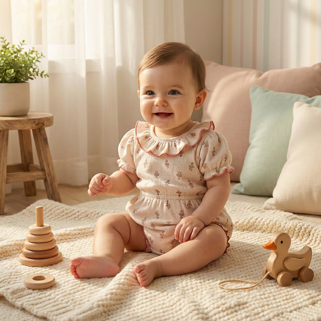 BEIGE RUFFLE EDGE NECK FLORAL ONESIE