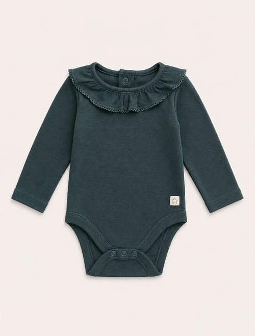 Dark green pointelle ruffles onesie