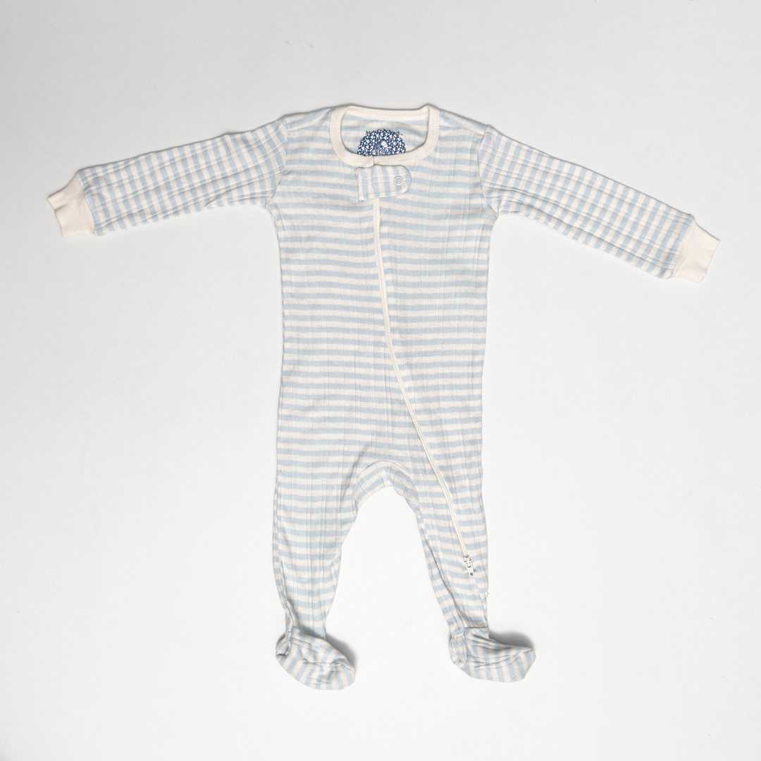 BLUE AND WHITE STRIPES RIBBED SLEEPSUIT