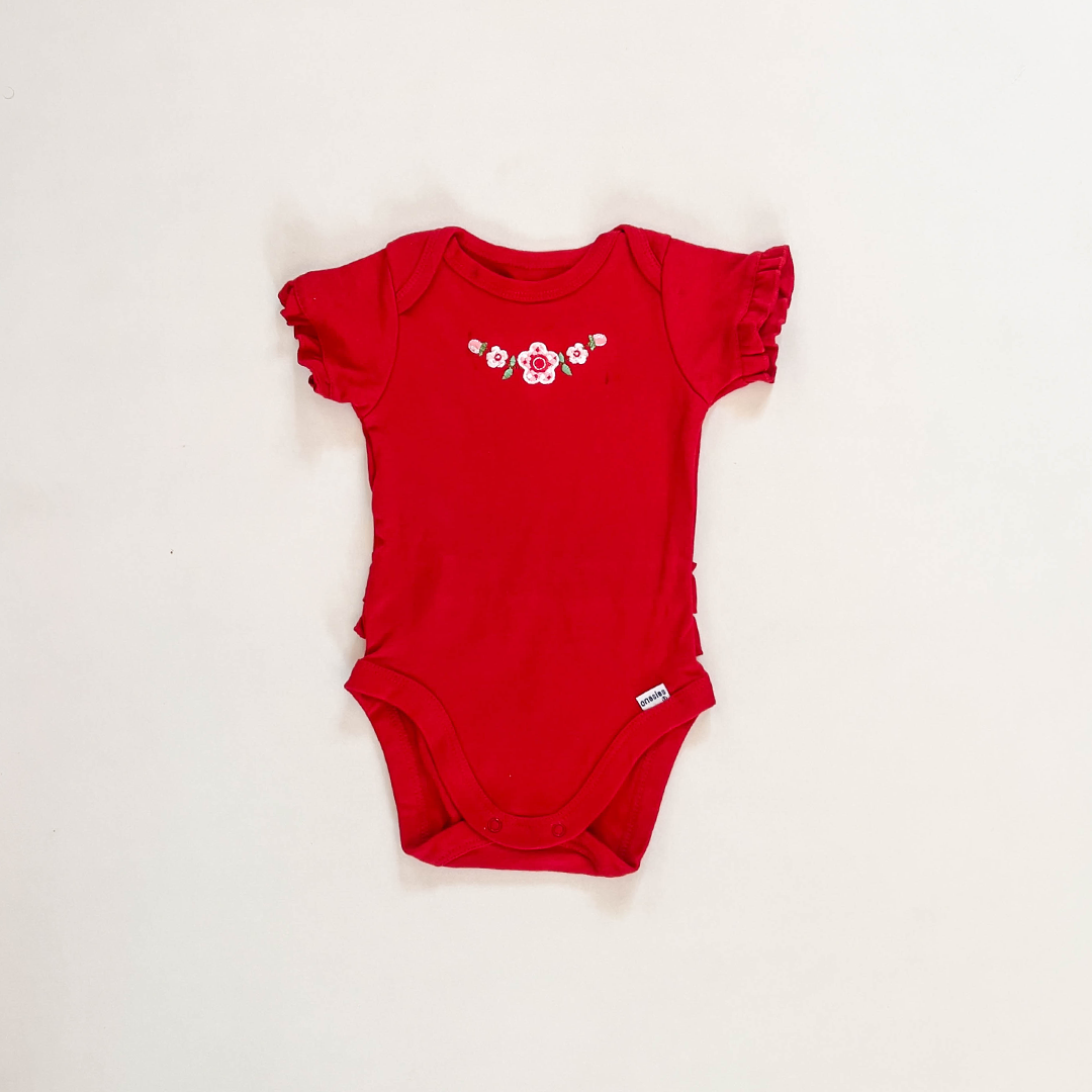 RED FLORAL EMBROIDERY ONESIE