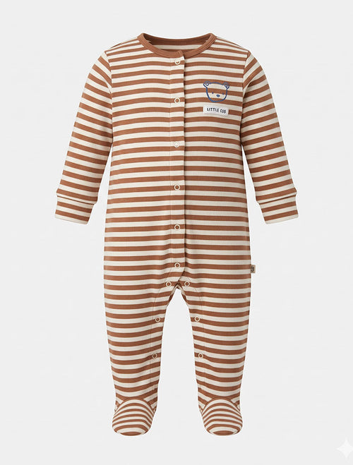 Brown and white stripes button sleep suit
