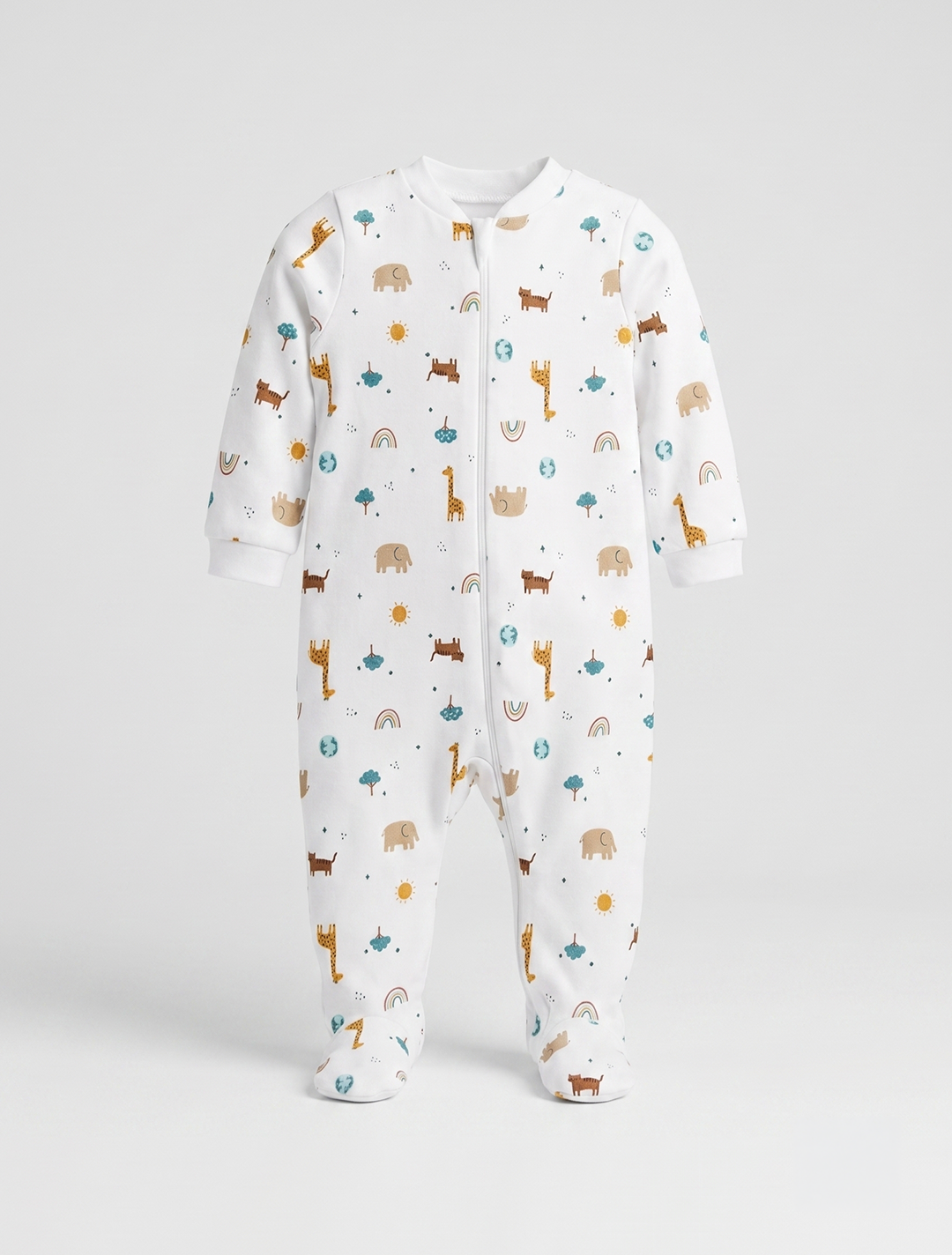 White animal printed zipper sleepsuit