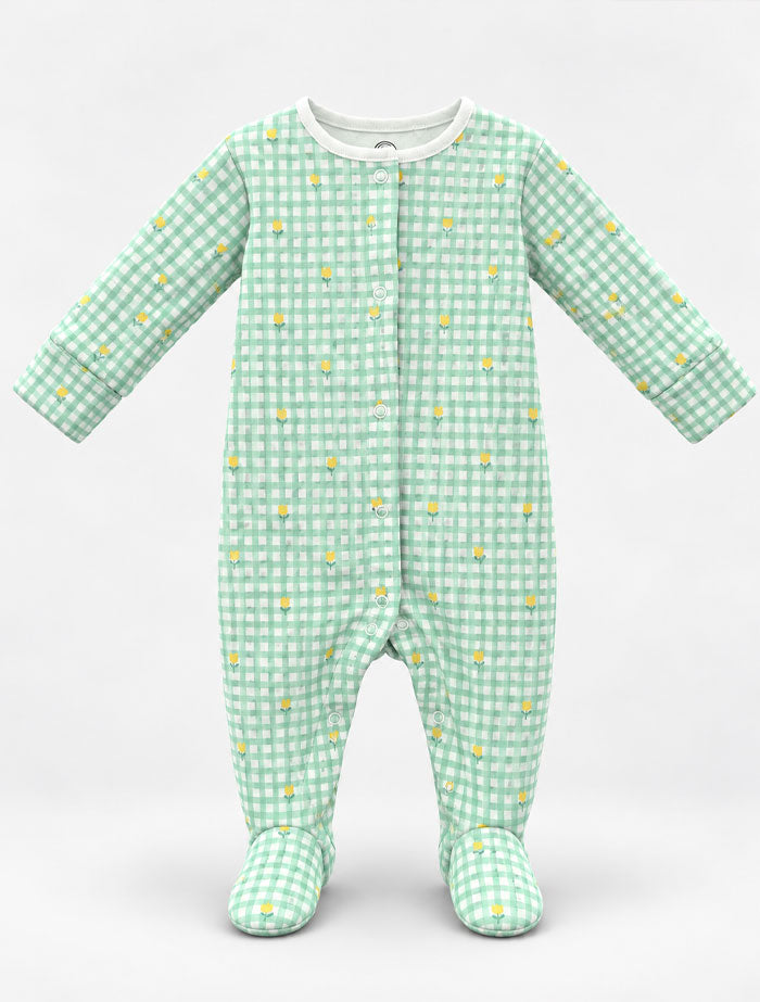 Green check floral sleep suit