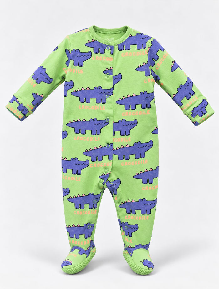 Green and blue printed button sleepsuit