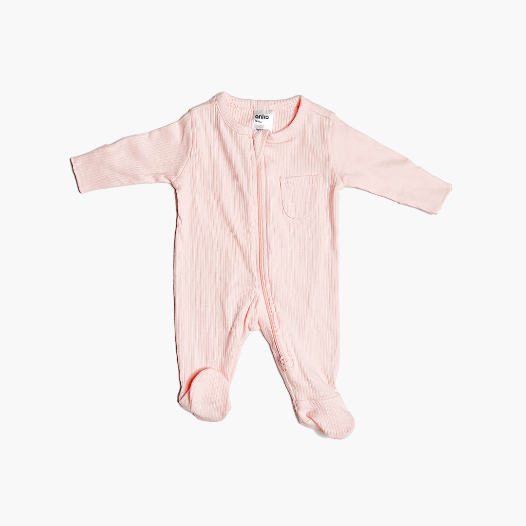 POWDER PINK RIBBED SLEEPSUIT