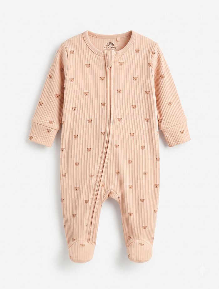 Dark beige bear ribbed sleepsuit