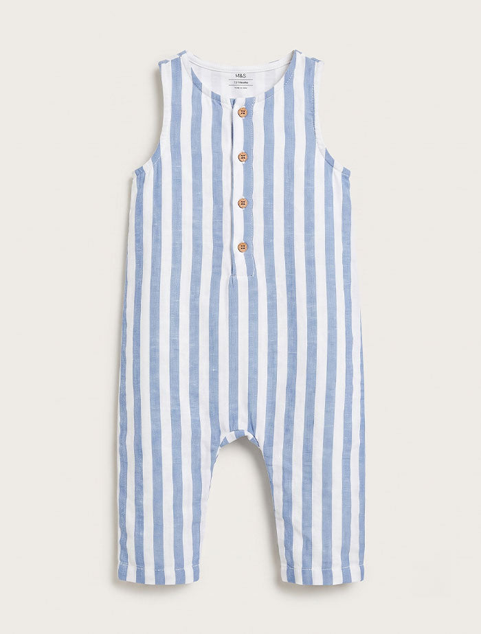 Blue and white stripes unisex muslin romper