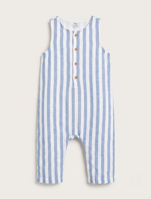 Blue and white stripes unisex muslin romper