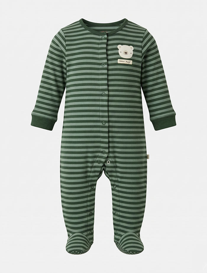 Green stripes button ribbed sleepsuit