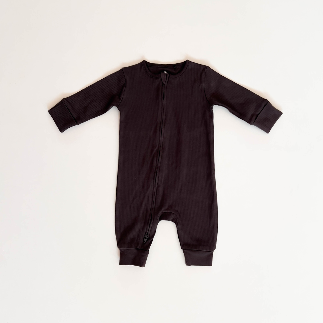 BLACK GREY RIBBED ZIPPER ROMPER