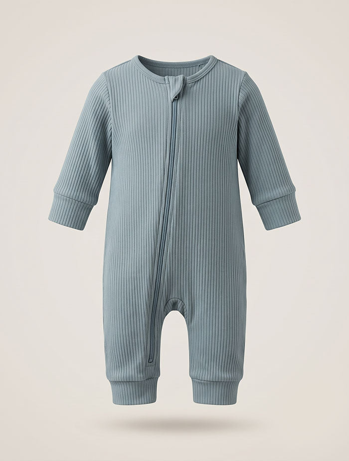 Teal blue ribbed 2 way zipper romper
