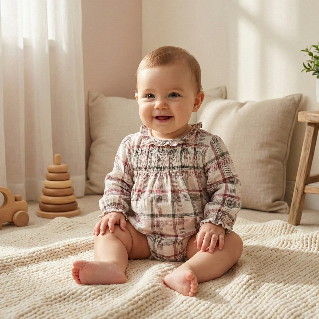 BEIGE CRINKLED CHECK ONESIE