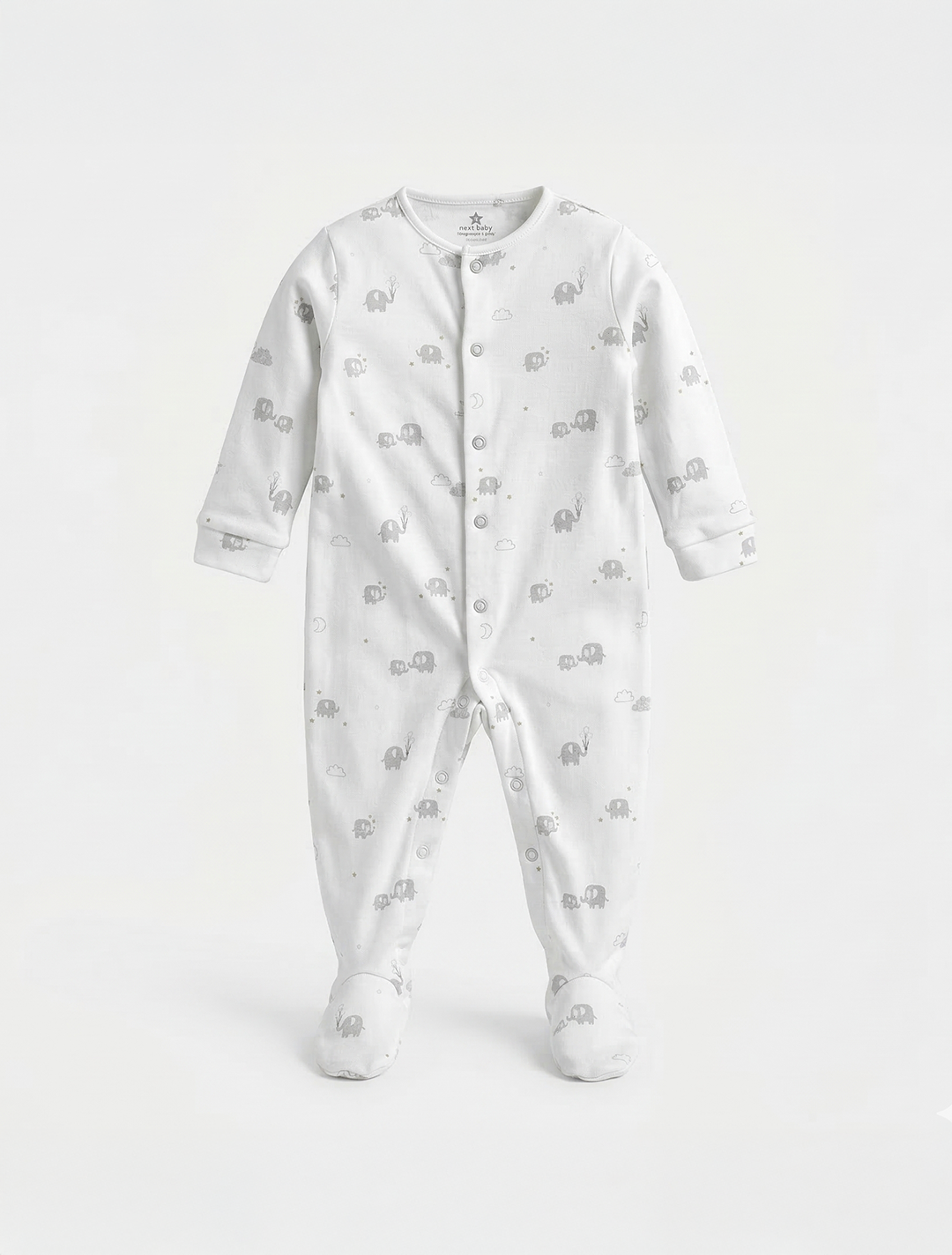 WHITE ELEPHANT PRINTED SLEEPSUIT