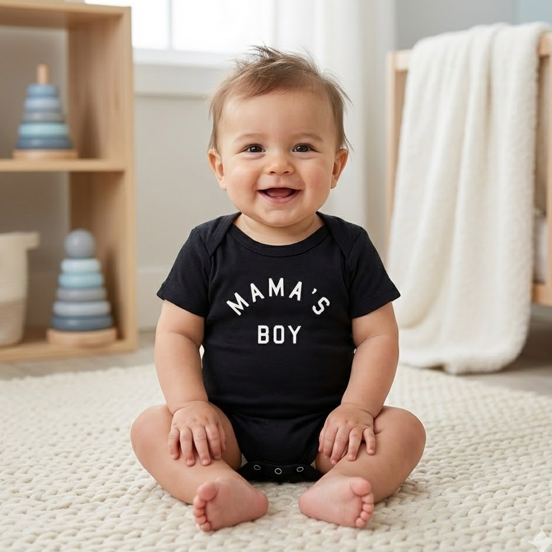 BLACK MAMAS BOY PRINTED ONESIE