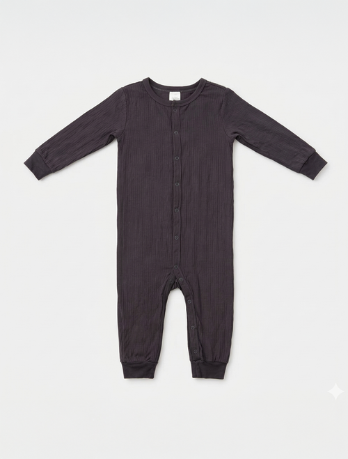 BLACK GREY RIBBED BUTTON ROMPER