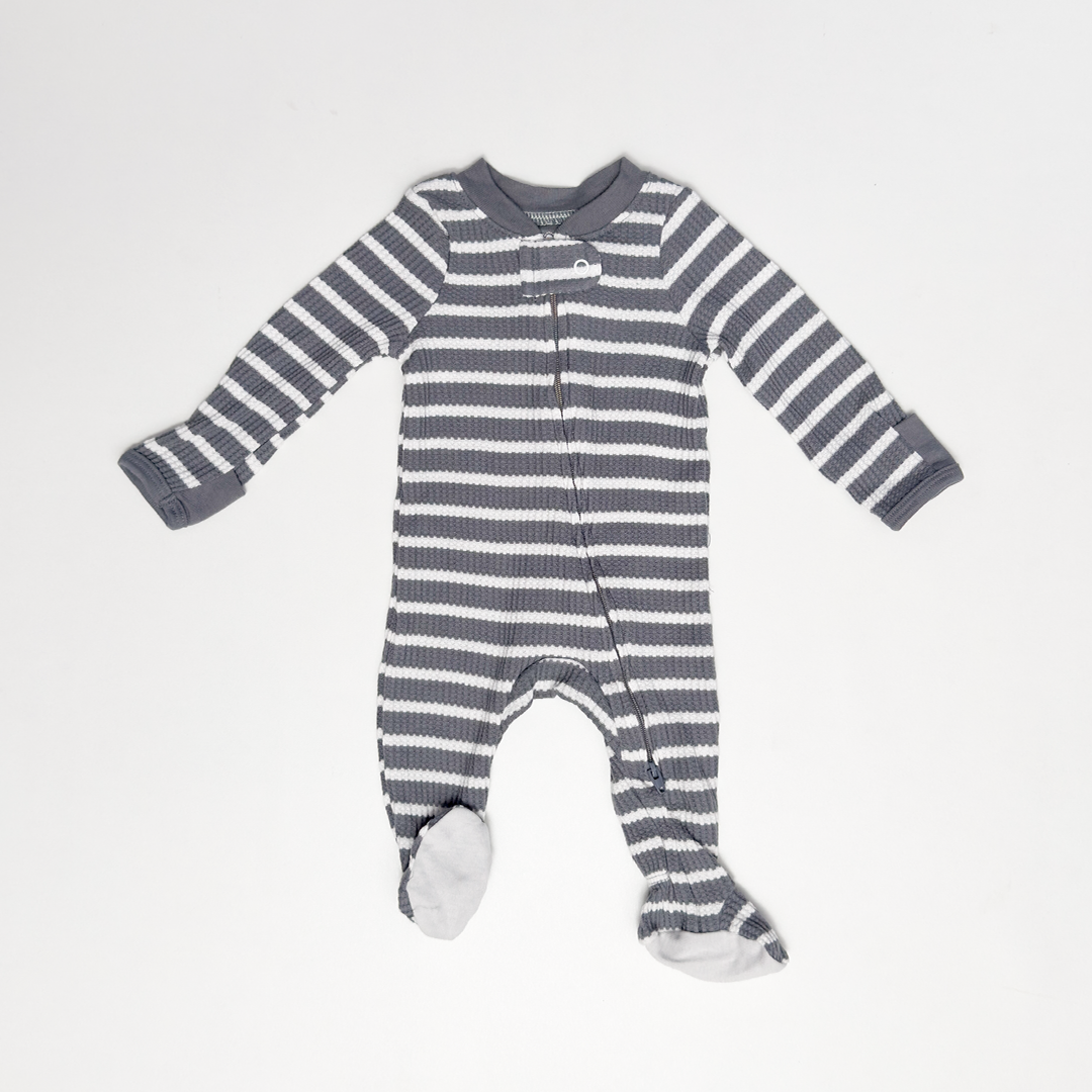 GREY AND WHITE STRIPED SLEEPSUIT