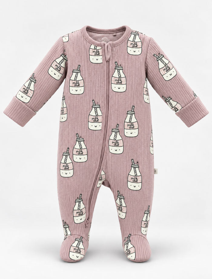 Dusty pink ribbed 2 way zipper sleep suit
