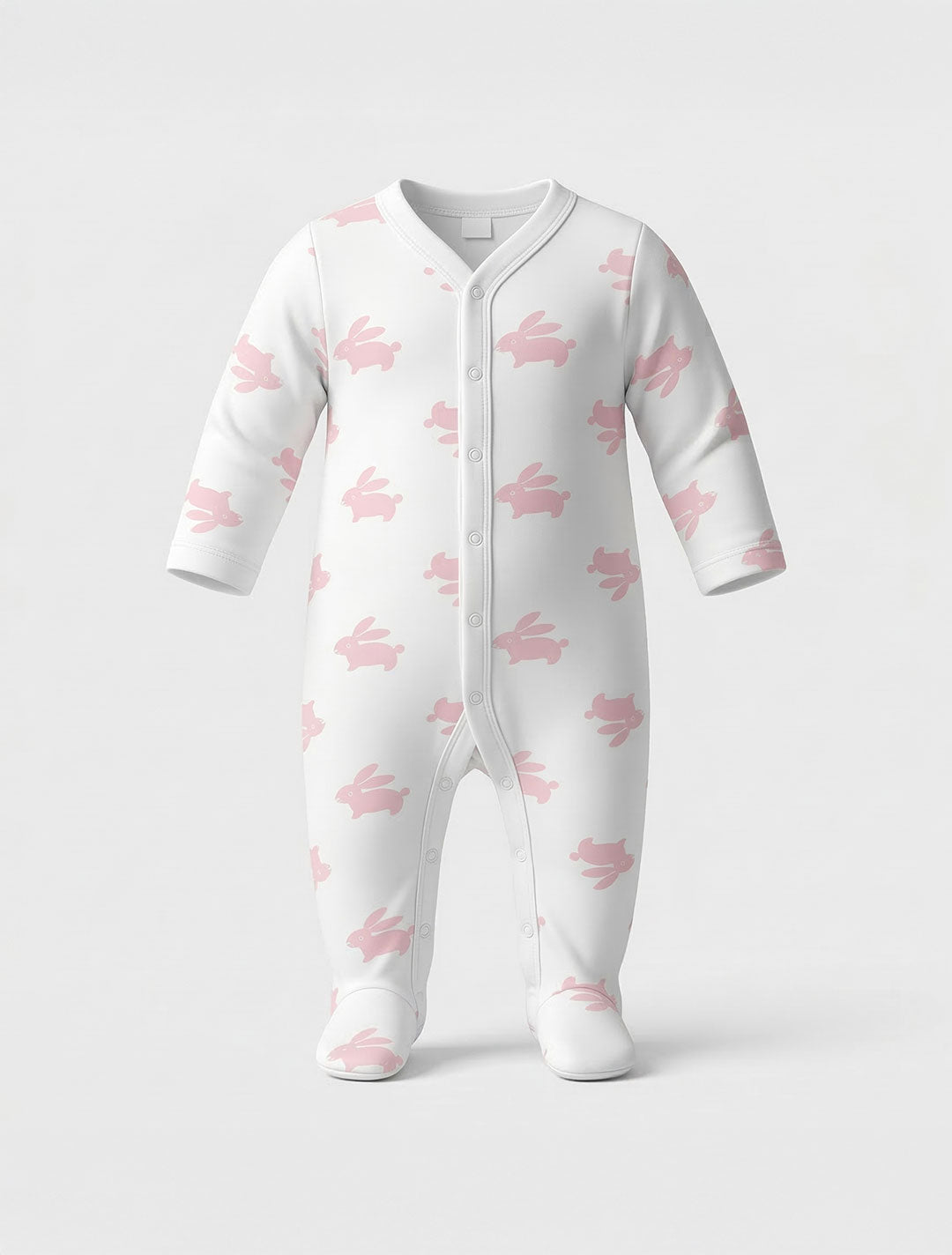 PINK BUNNY BUTTON SLEEPSUIT