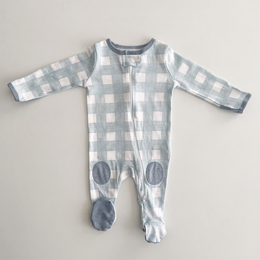 BLUE AND WHITE GINGHAM PRINT SLEEPSUIT